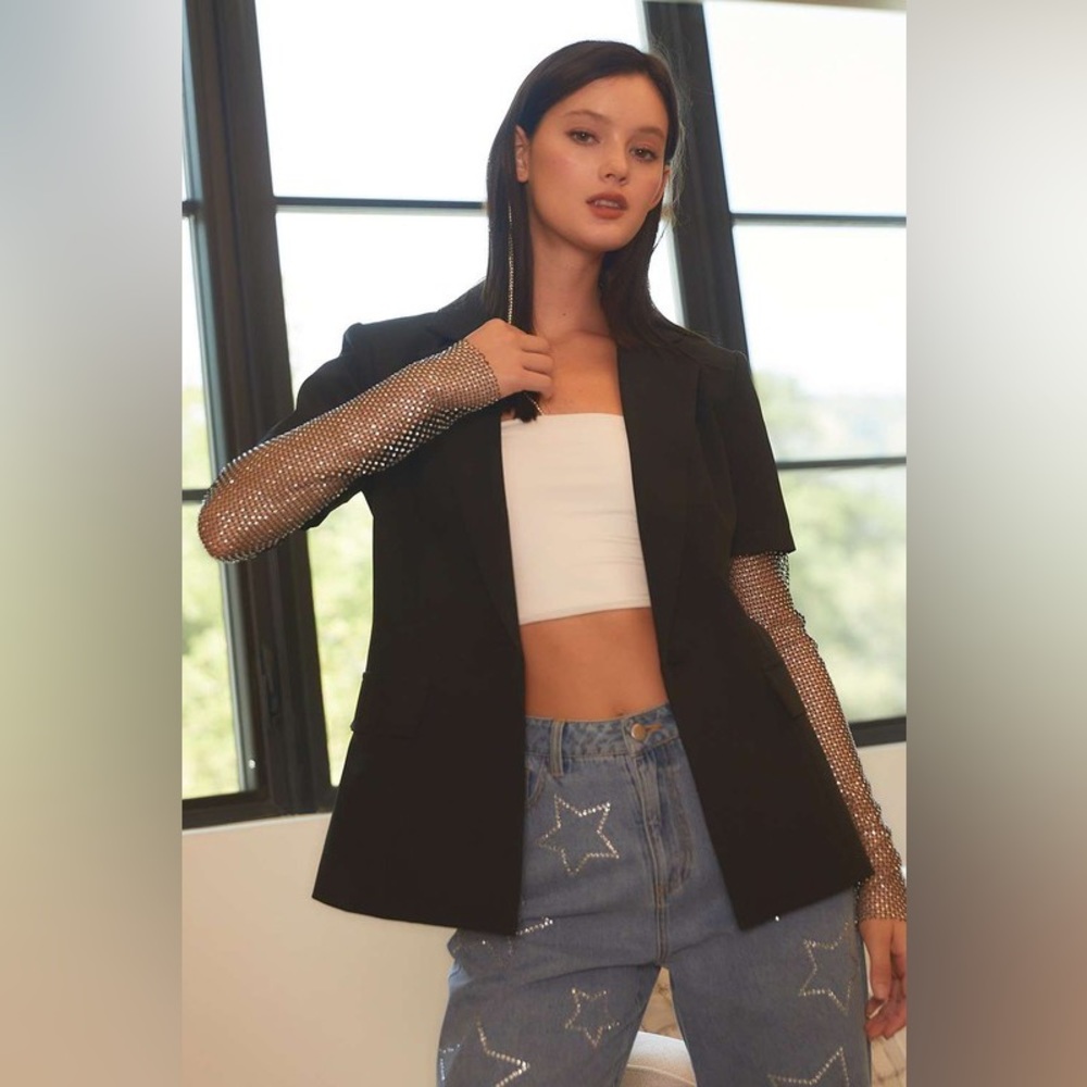 This Is How We Do It Black Rhinestone Mesh Sleeve Blazer - Picture 7 of 9